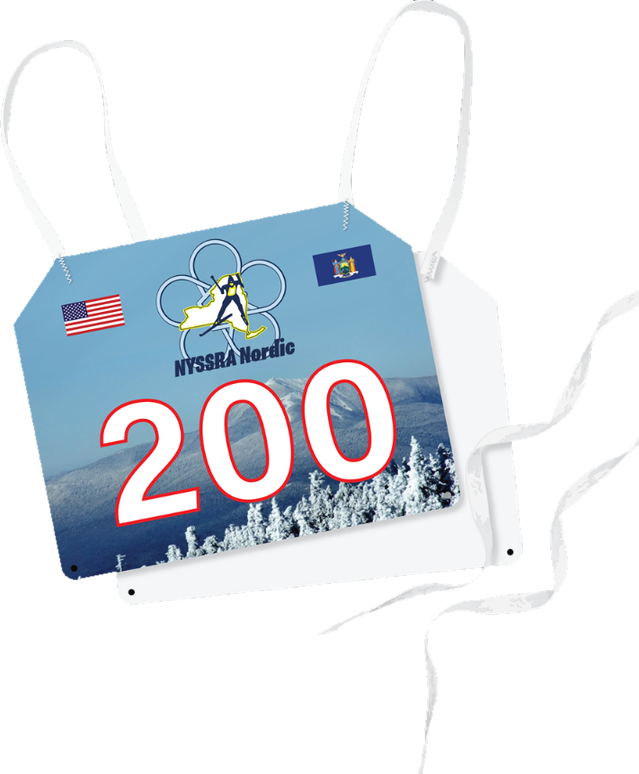 NYSSRA Nordic 360 Race Bib number 200, sublimated edge to edge with an Adirondack winter scene, shown with tie side straps