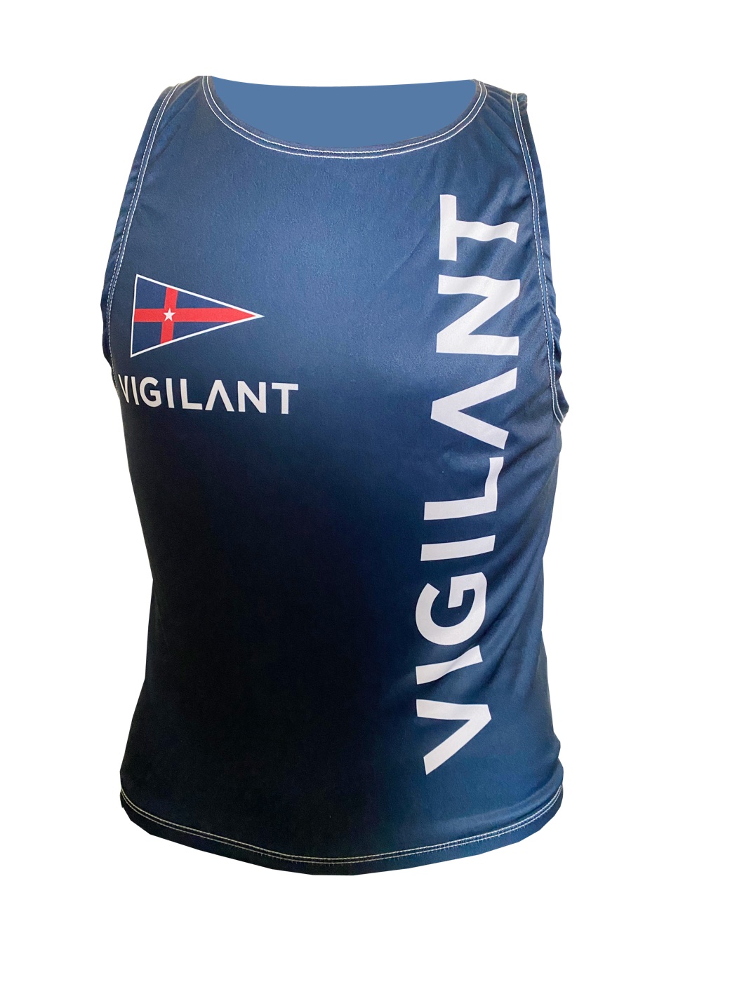 Navy sublimated Vigilant sailing bib with the club burgee on the chest
