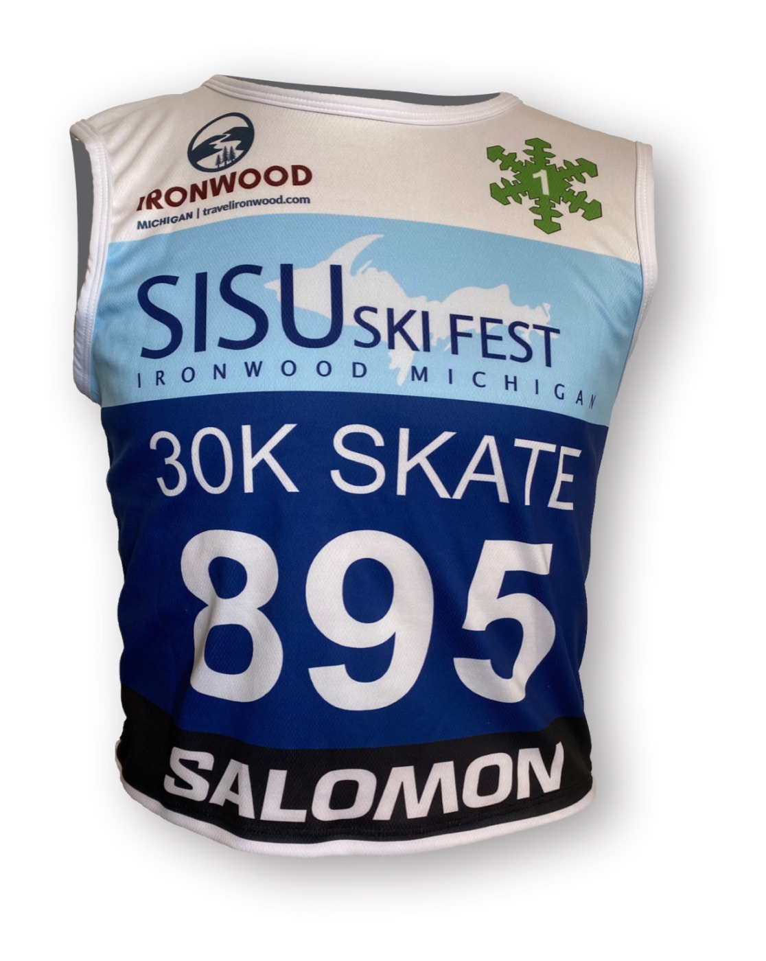 SISU Ski Fest 30K Skate nordic race bib number 895 with Ironwood and Salomon sponsor bands