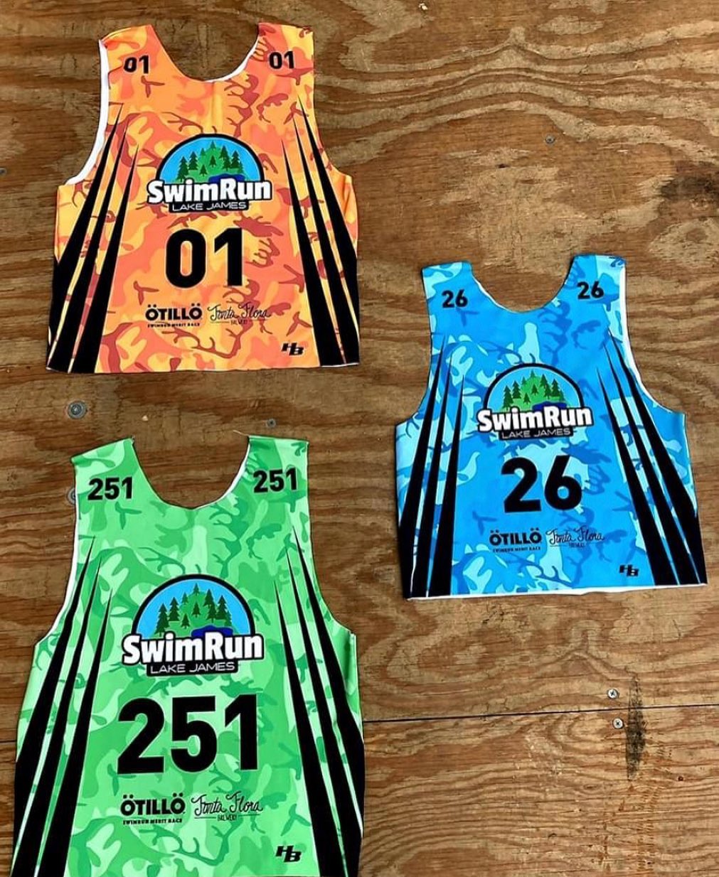 Three camo colorway sublimated SwimRun Lake James bibs
