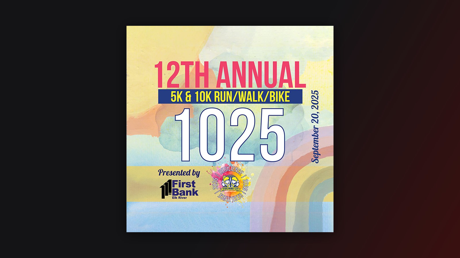 Full-color sublimated number panel 1025 for the 12th Annual 5K and 10K run, walk and bike, with the presenting sponsor designed into the panel